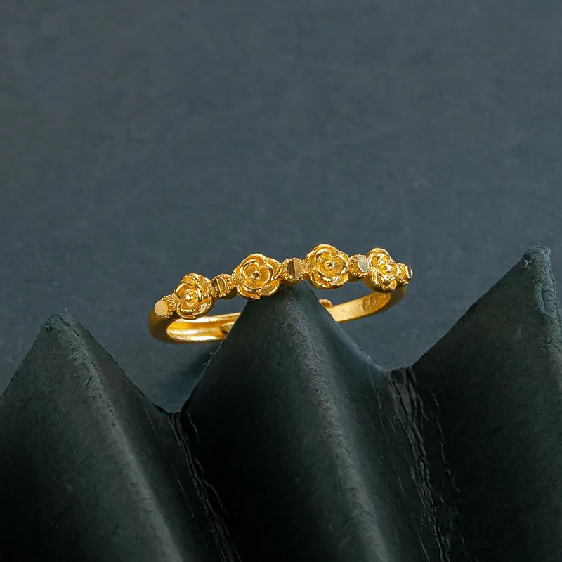 Genuine 18 K Gold Color Romantic Retro Rose Shape Ring for Women Bride Birthday Wedding Engagement Jewelry Gifts