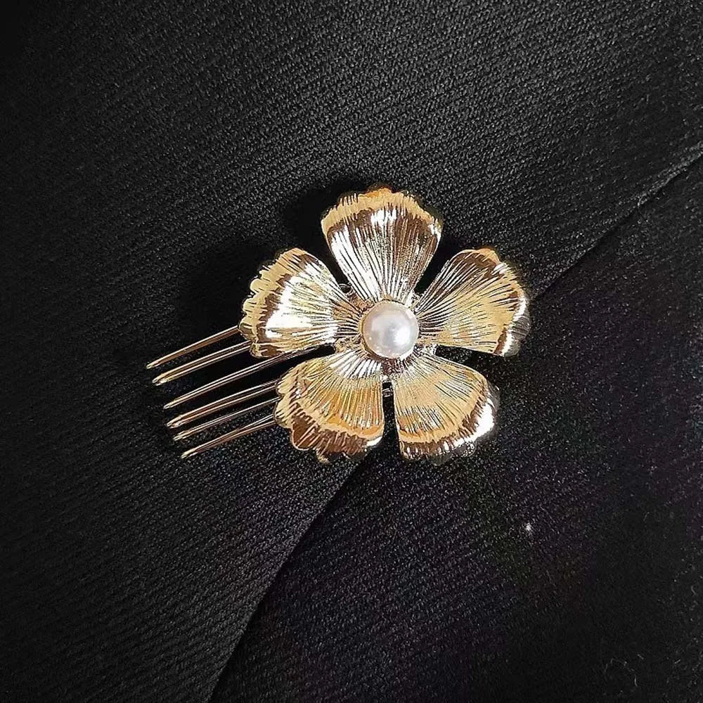 5pcs Elegant Golden Flower Hair Forks Hairstyle Tools French Style Pearl Side Clips Hair Accessories Retro Wave Alloy Barrettes