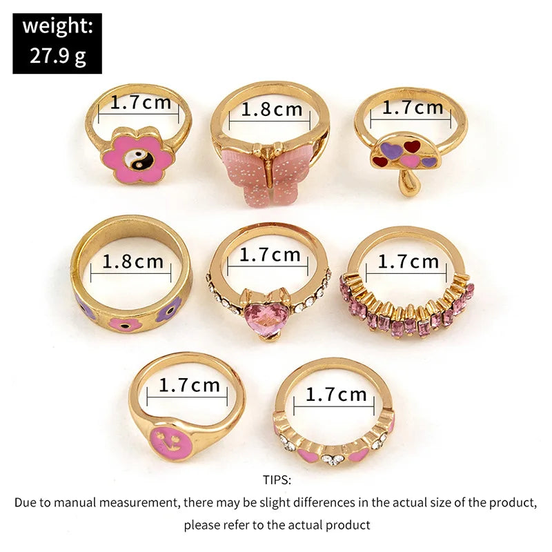 Pink Enamel Butterfly Ring Gold Finished Set For Women Crystal Enamel