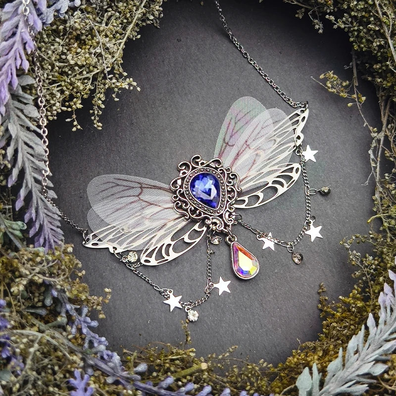 Witch Fairy Elves Butterfly Wings with Crystal Pendant Chain Necklace Forest Fairy Jewelry for women