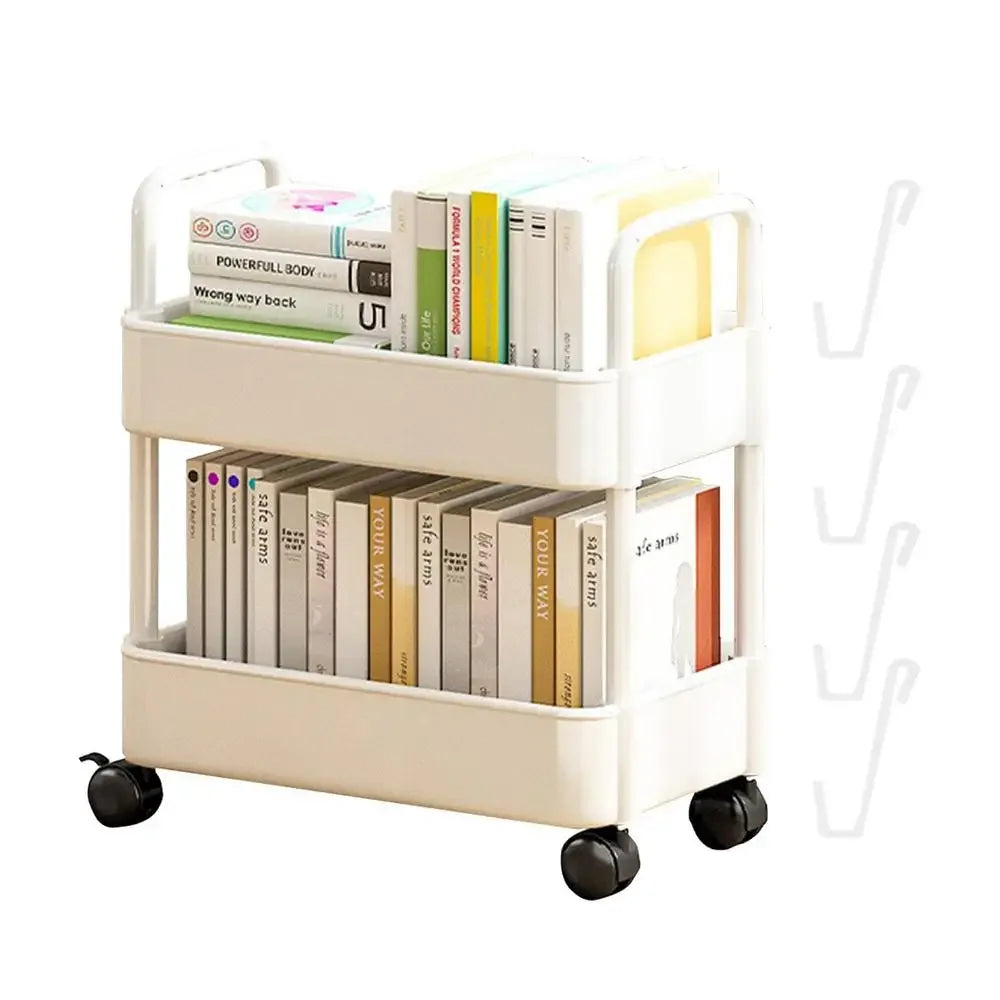 Under Table Storage Shelf with Wheel 2-Layer Movable Bookshelf Cart Household Sundries Storage Trolley Kitchen Bedroom Organizer