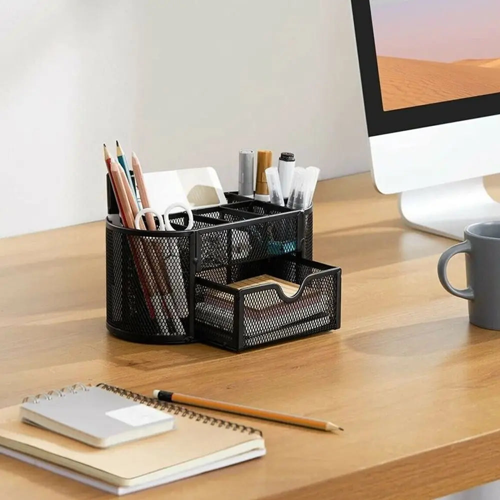 Office School Supplies With Drawer 9-Grid Storage Desk Organizer Stationery Container Metal Mesh Pen Holder