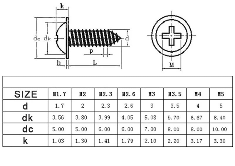 100pcs Phillips Black Self-tapping Screw Pan Head PWA Cross Round Head With Washer Cushion M1.4 M1.7 M2 M2.3 M2.6 M3 M3.5 M4