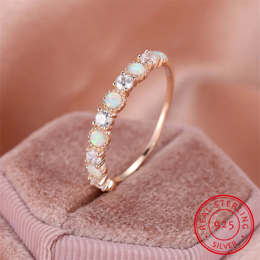 Real 925 Sterling Silver Engagement Ring Single Row White Zircon Round Opal Rings For Women Gold Color Wedding Band Jewelry