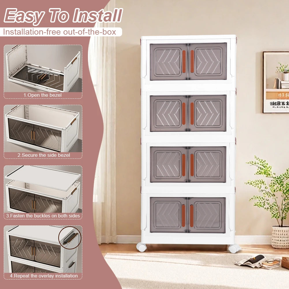 4 Tier Foldable Storage Bin With Doors & Wheels Folding Storage Selves Drawer PP+PET Stackable Organizer Box For Home Office