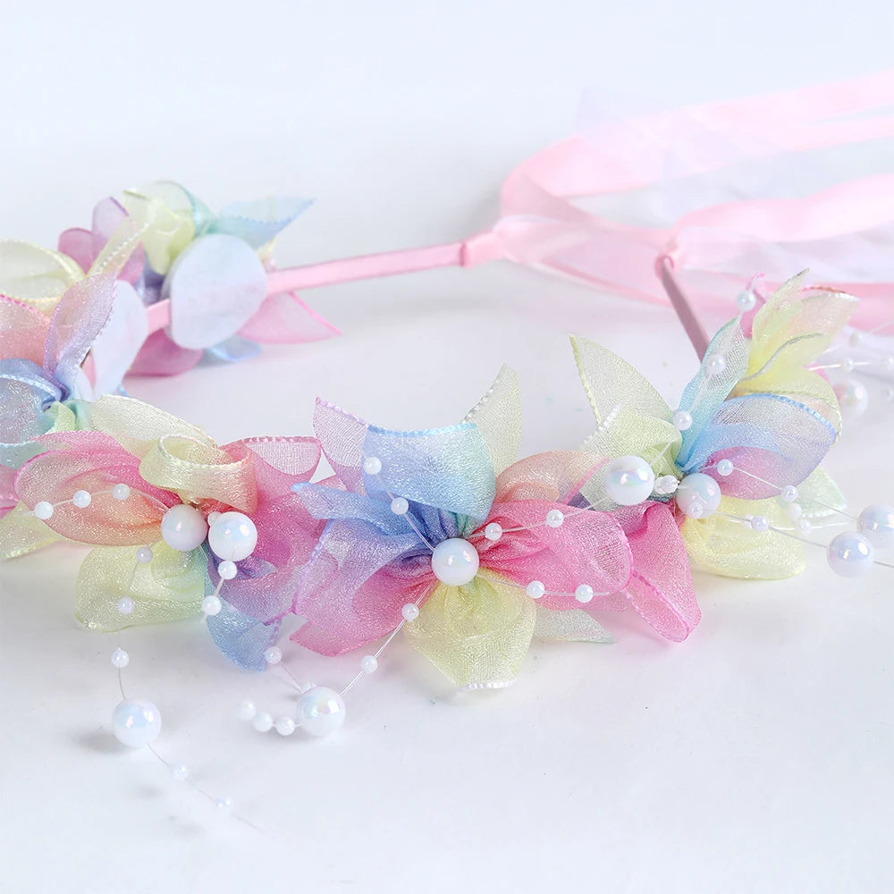Fairy Flower Headband Sweet Lovely Girl Lace Floral Pearls Hair Hoop For Princess Wedding Birthday Headwear Accessories Gifts
