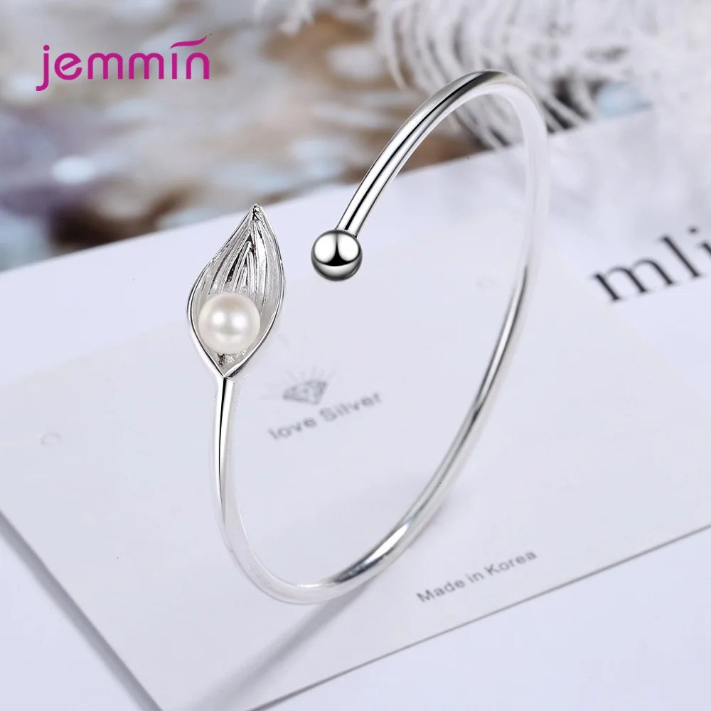 Fashion Cute Leaf And Pearls Chain Bracelets for Women 925 Sterling Silver Adjustbale Cuff Bracelet Bangle Jewelry