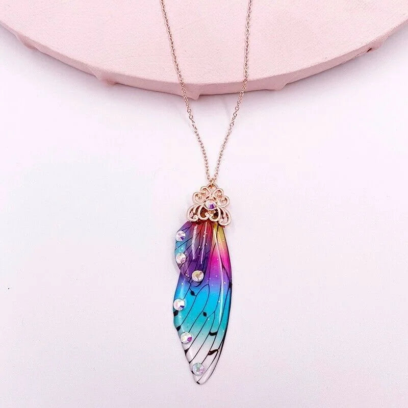 12 colors fashion Silver gold Fairy Purple Gradient Clear Resin Butterfly Shiny Insect Wing Pendant necklace for women jewelry