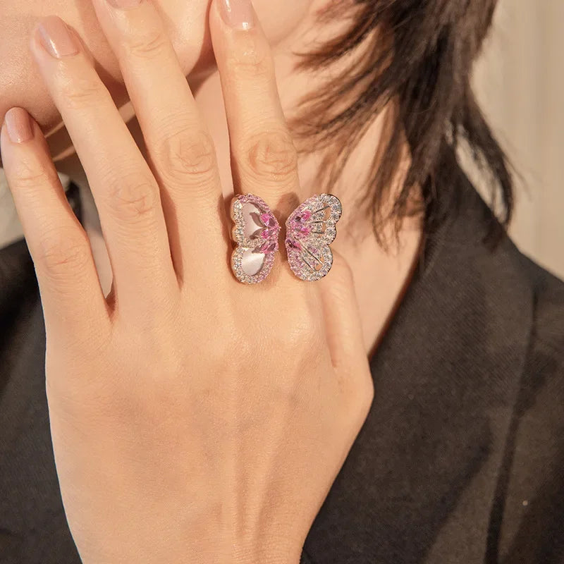 BELL Pink Sapphire Shell Corundum Butterfly Ring S925 Silver 18K Gold
