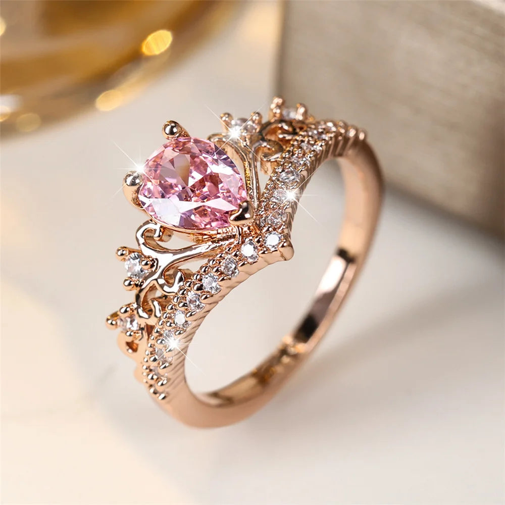 Luxury Female Pink Water Drop GemStone Ring Dainty