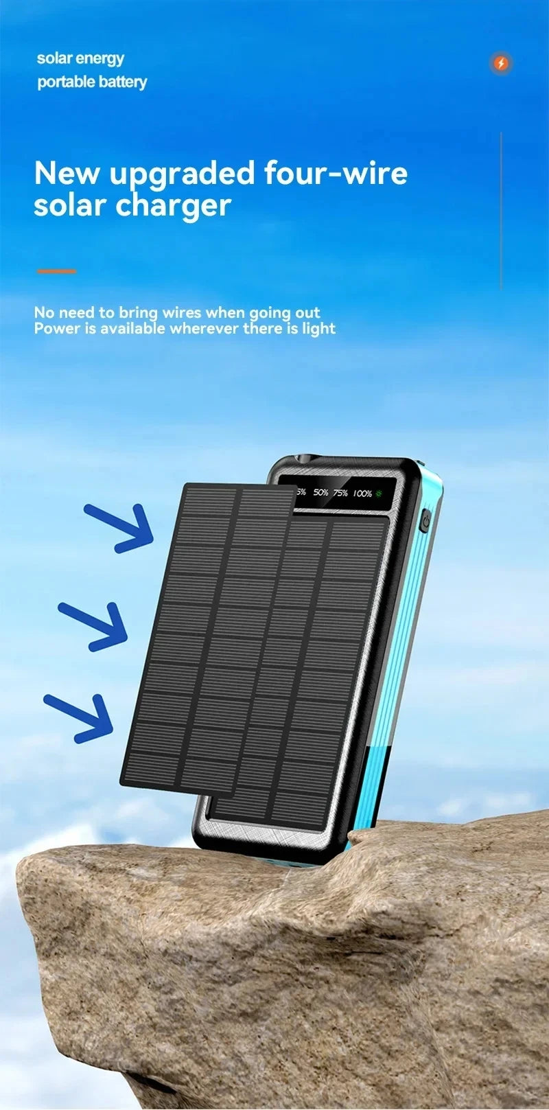 ONEPLUS 50000mAh Solar Power Bank Wireless Fast Charging Battery Large Capacity Mobile Power Dual USB 4 Cables For iPhone Samsun