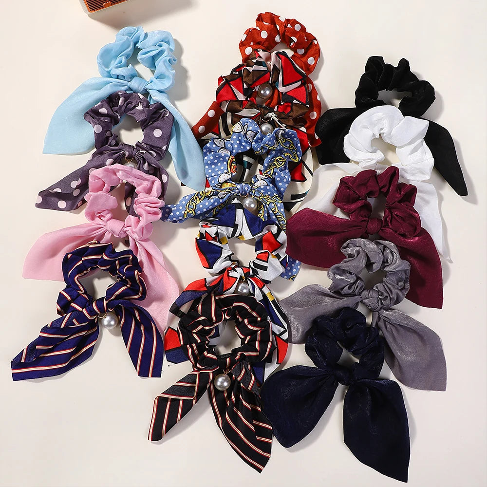 Fashion Vintage Solid Chiffon Velvet Bow Hair Ribbon Scrunchie for Women Girls Long Elastic Hair Tie Headwear Hair Accessories