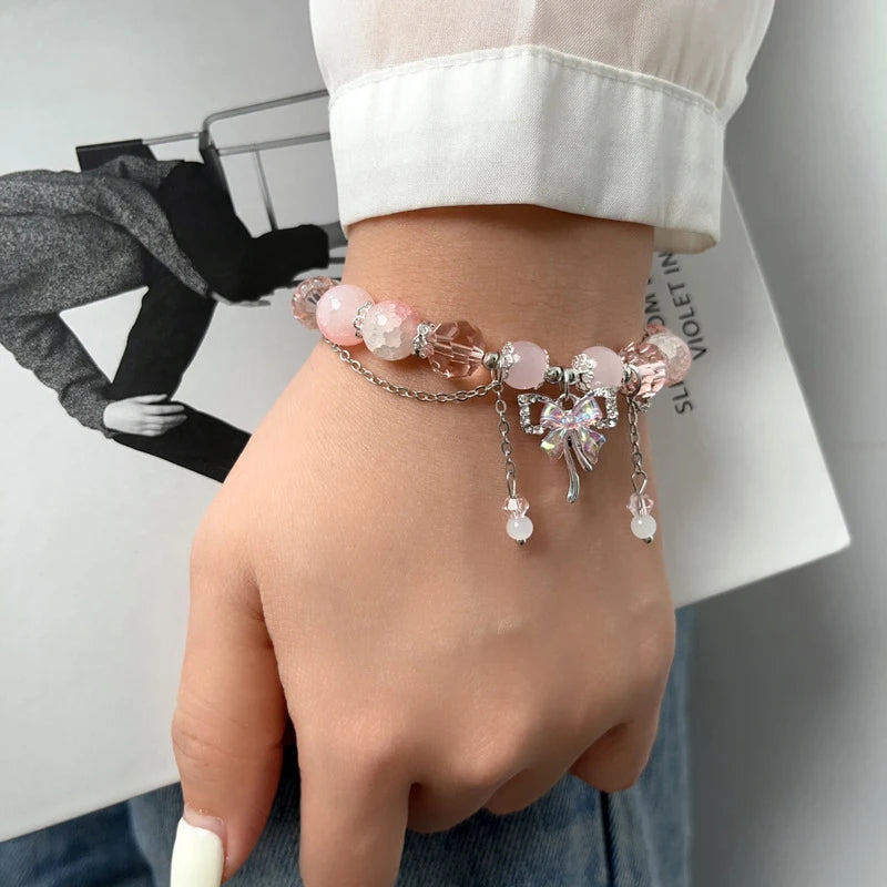 Fashion Butterfly Beaded Bracelets For Women Girls Imitation Jade Bohemian Crystal Charm Elastic Rope Bracelet Hand Jewelry