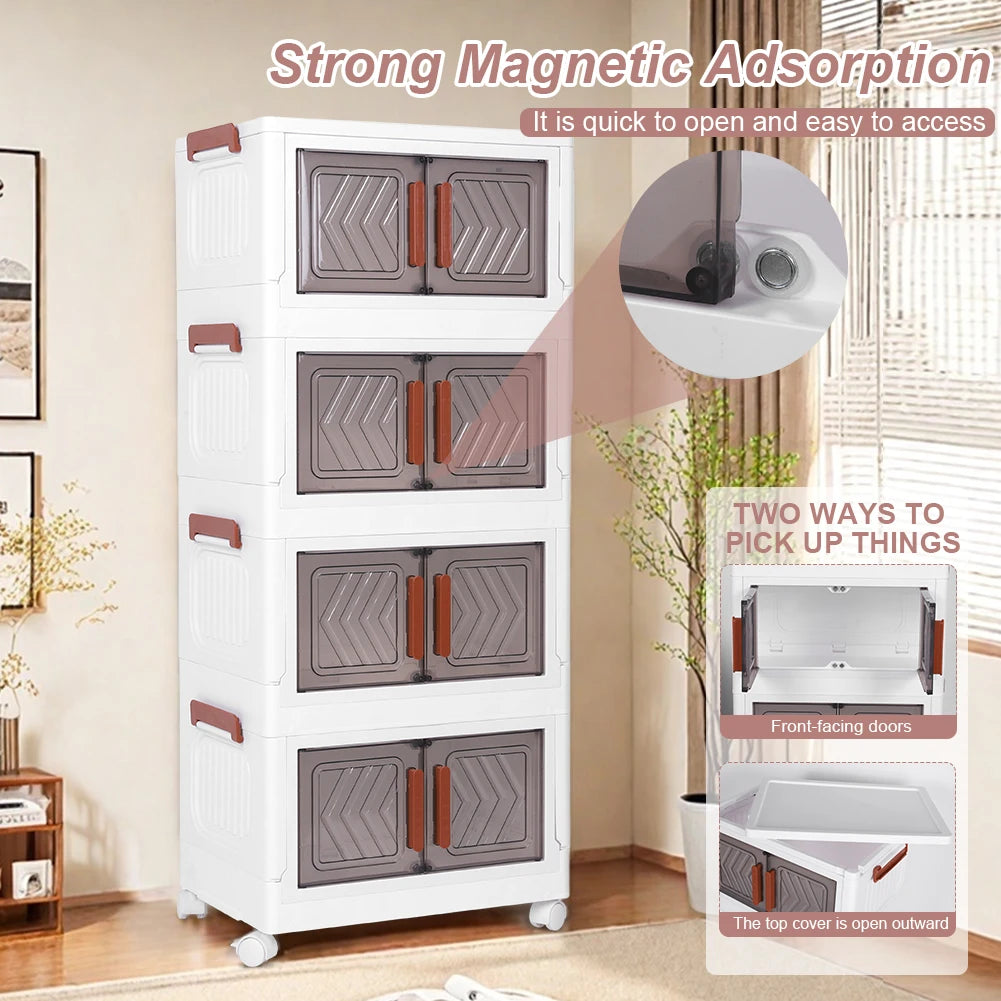 4 Tier Foldable Storage Bin With Doors & Wheels Folding Storage Selves Drawer PP+PET Stackable Organizer Box For Home Office