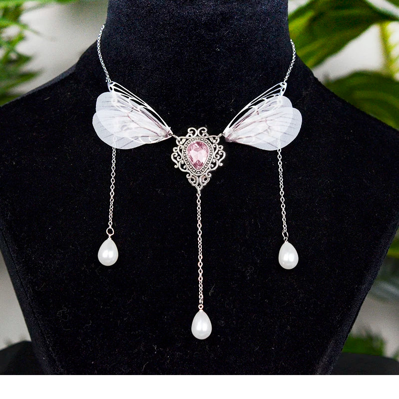 Witch Fairy Elves Butterfly Wings with Crystal Pendant Chain Necklace Forest Fairy Jewelry for women