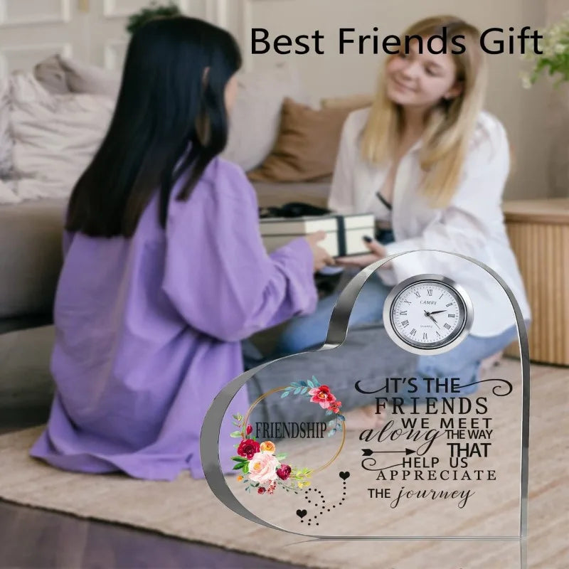 Female Friendship Gifts: Crystal Heart Glass (Clock) + Friend Plaque—Unique Birthday Presents.