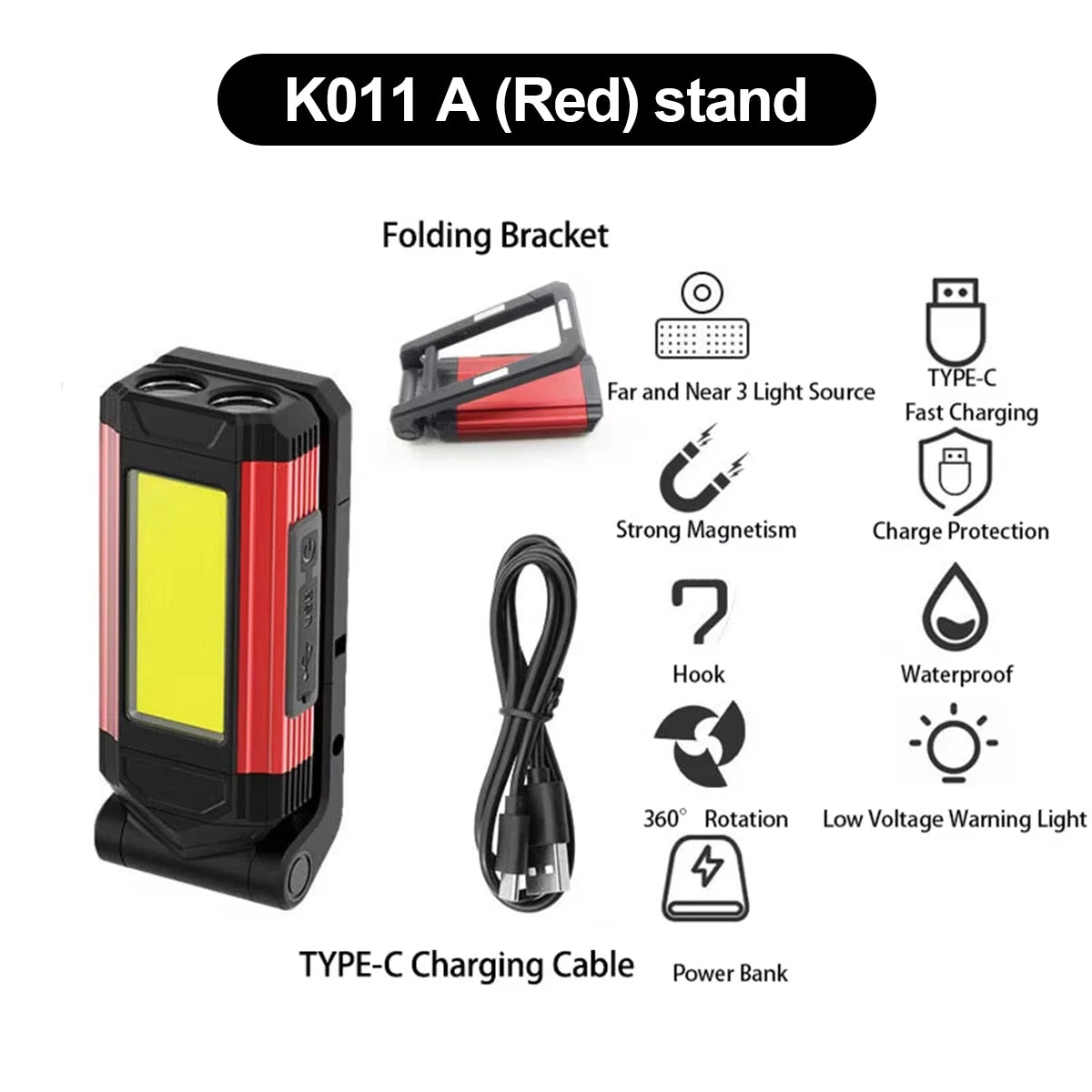 Led Work Light 10w Usbc Flashlight Red Magnetic Flashlights Waterproof Working Hook Rechargeable Foldable Cob Rotating Brightest