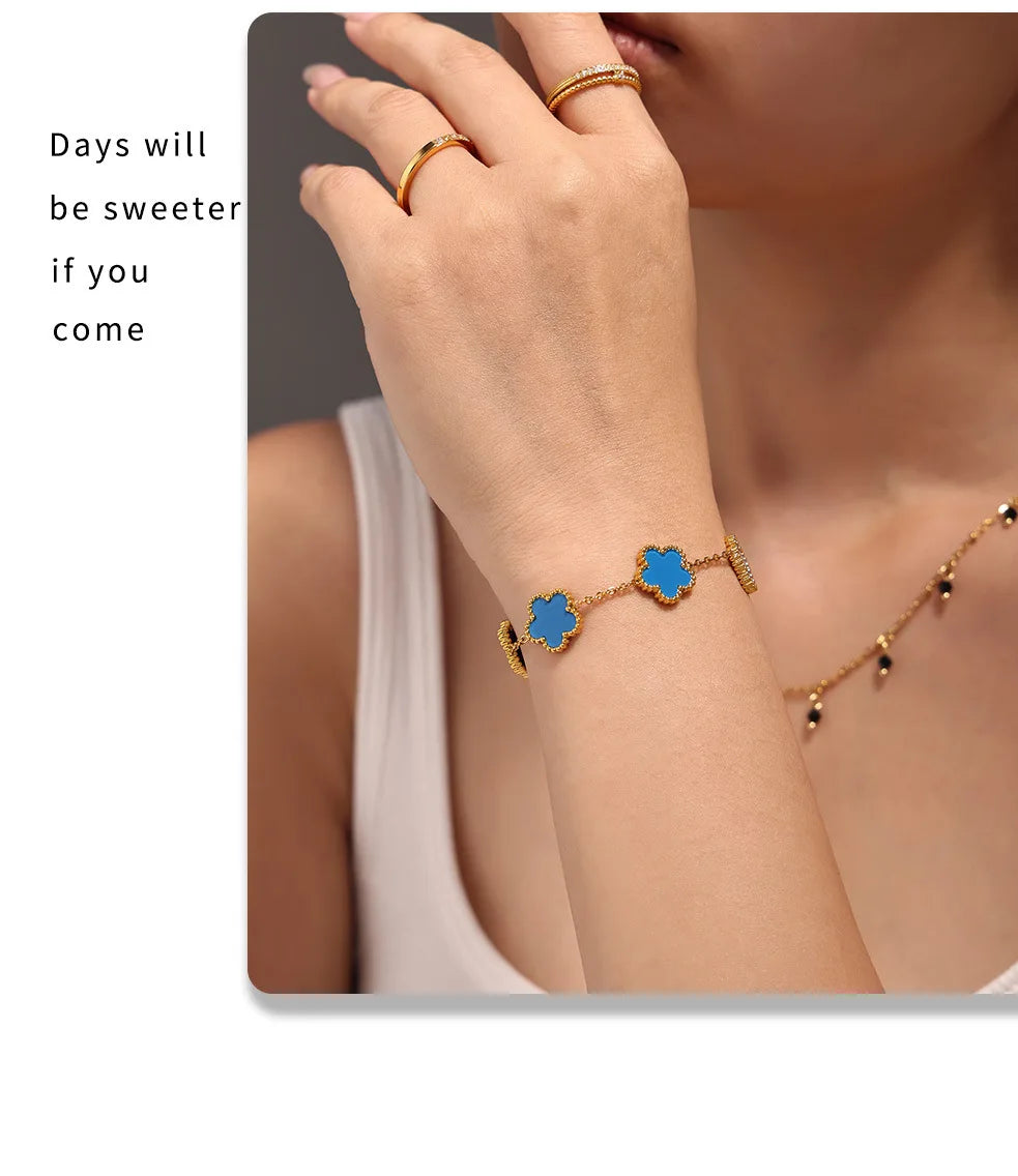 Fashion Five Petals Beautiful Bracelet for Women No Rusted Gold Plated Stainless Steel Agate Bangle Charm Luxury Jewelry Gift