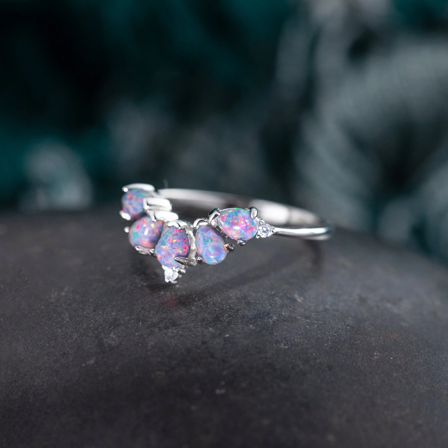 Curved Opal & Diamond Wedding Band with Natural Gemstone