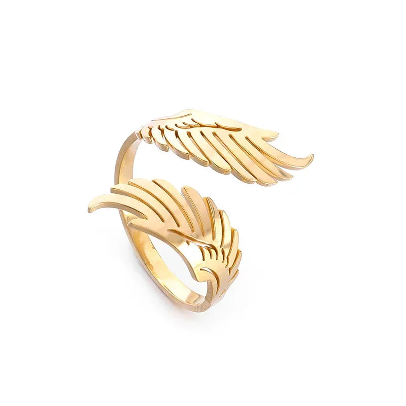 Stainless Steel Angel Wing Ring Open Adjustable Feather Ring for Men Women Couple Fashion Jewelry Anniversary Gift