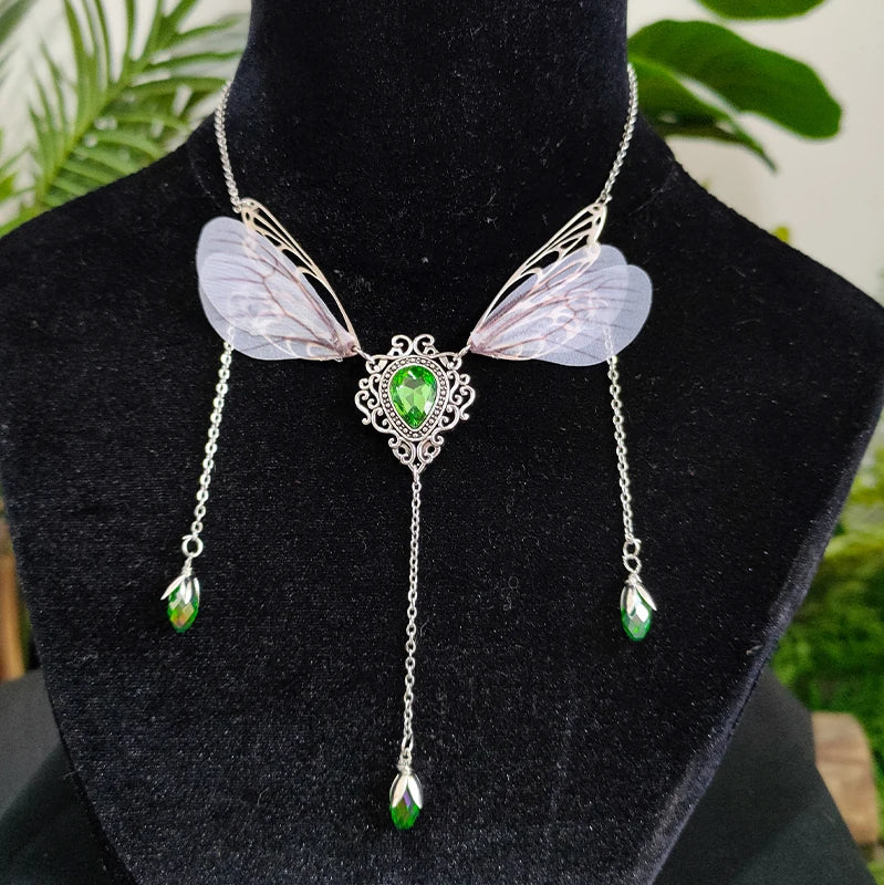 Witch Fairy Elves Butterfly Wings with Crystal Pendant Chain Necklace Forest Fairy Jewelry for women