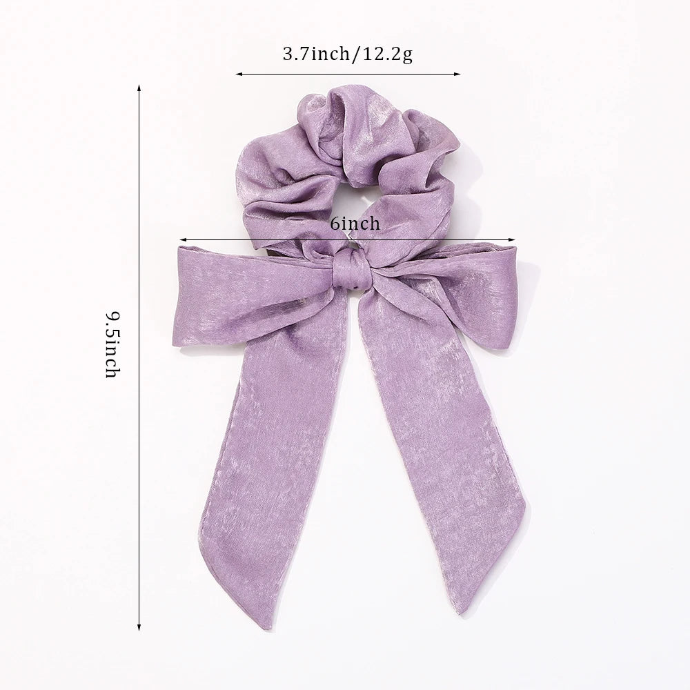 Fashion Vintage Solid Chiffon Velvet Bow Hair Ribbon Scrunchie for Women Girls Long Elastic Hair Tie Headwear Hair Accessories