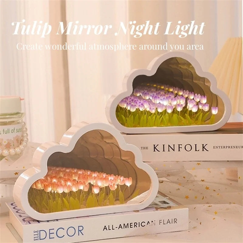 1pc Handmade DIY Clouds Tulip Lamps LED Night Light Mirror Table Lamps Bedroom Ornaments Decoration Flower Sea Atmosphere Lamp (Free Shipping) 💝💖🌹 (Free Shipping) 💝💖🌹