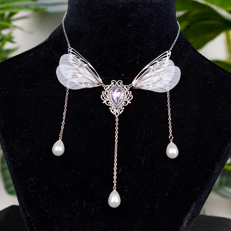 Witch Fairy Elves Butterfly Wings with Crystal Pendant Chain Necklace Forest Fairy Jewelry for women