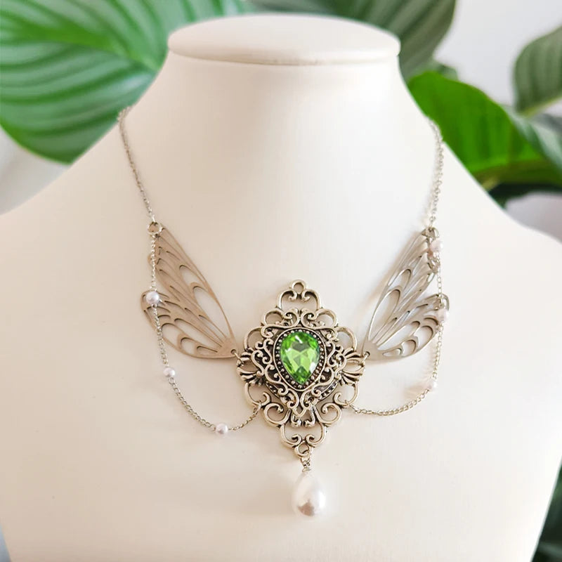 Witch Fairy Elves Butterfly Wings with Crystal Pendant Chain Necklace Forest Fairy Jewelry for women