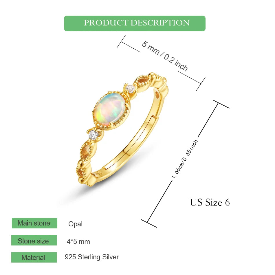 WES 925 Sterling Silver Vintage Oval Lab Opal Open Ring for Woman 10k Gold Plated Fine Jewelry Wholesale Engagement Gifts