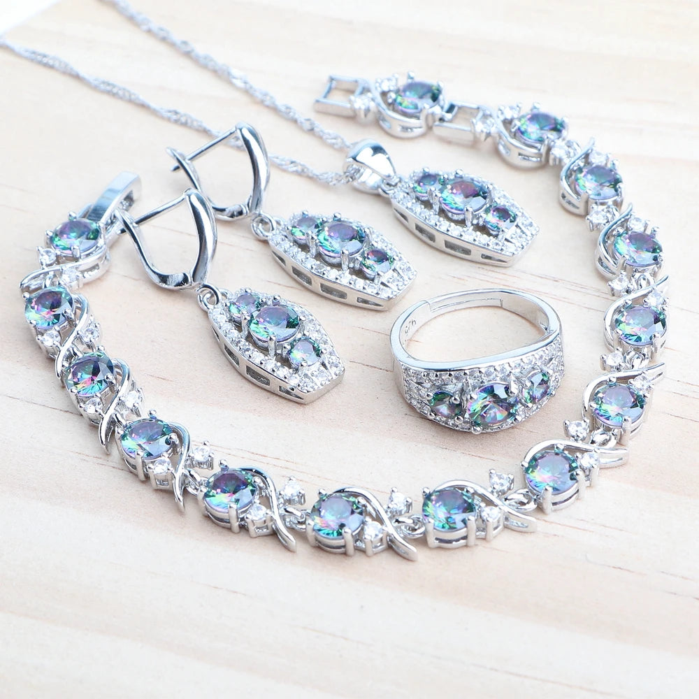 Bridal 925 Silver Jewelry Sets Magic Natural Rainbow Zircon Jewery Women Earrings Rings Pendant Bracelets Necklace Wedding Set