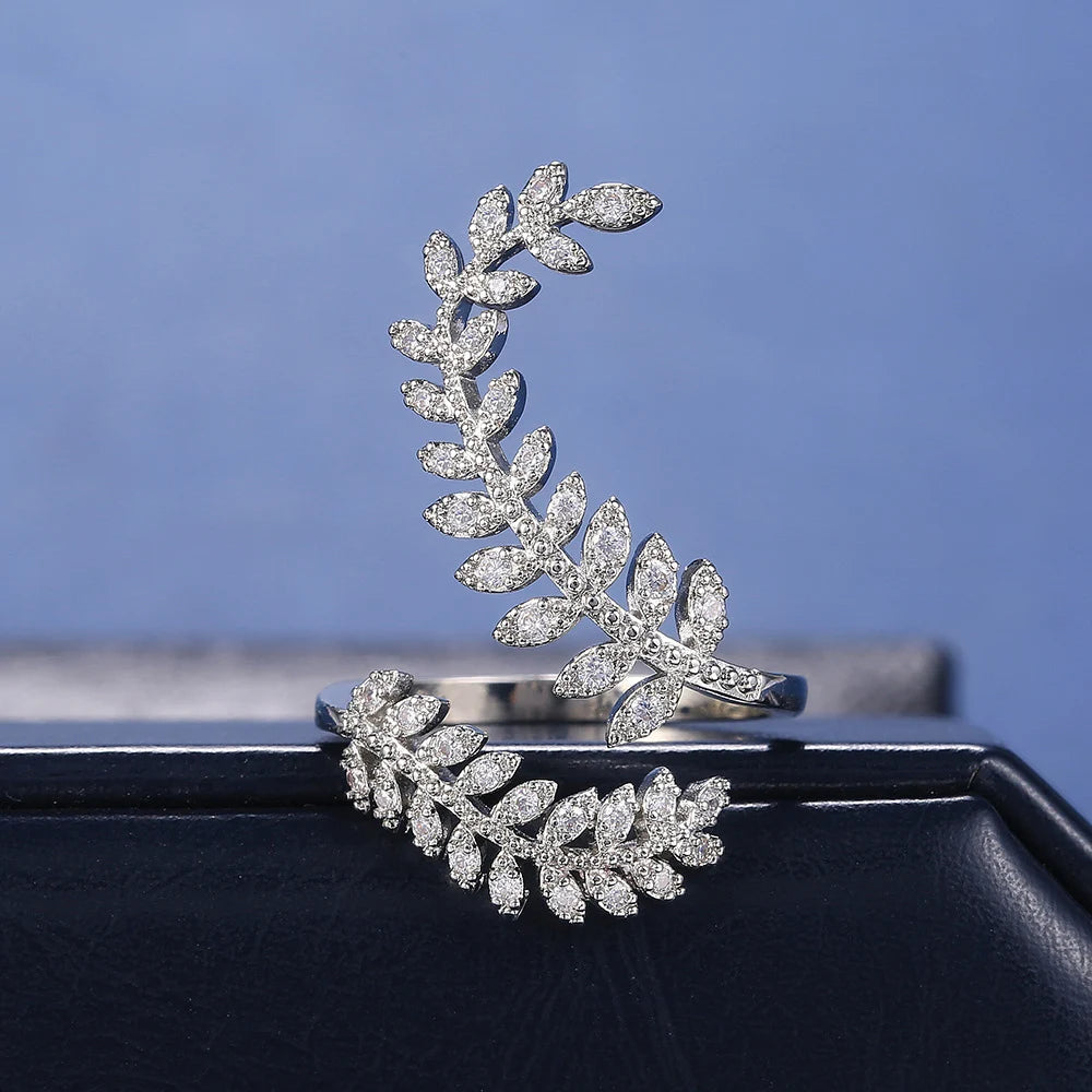 Graceful Leaves Both End of Open Ring Silver Color Girl Cocktail Party Rings Shine Crystal Zircon Fashion Women Jewelry