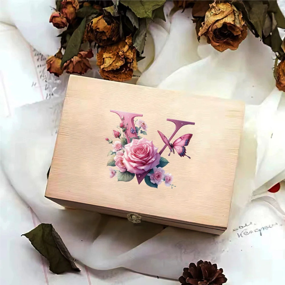 Wooden Storage Box With Hinged Lid Durable Multifunctional Case Crafts Jewelry Boxes For Household Pink Butterfly Letter Pattern