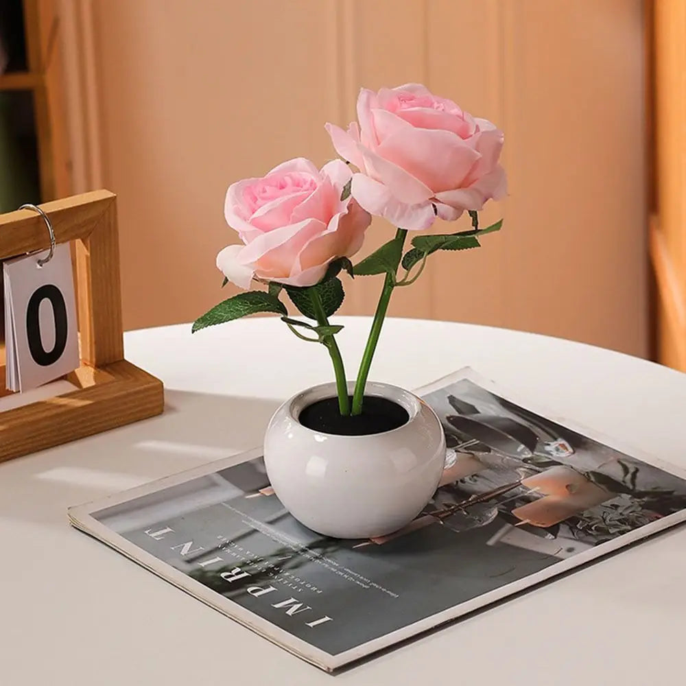 Ceramic Base LED Rose Table Lamp 2/3 Flowers Decorative Flower Bonsai Night Light Soft Light Exquisite Romantic Atmosphere Lamp