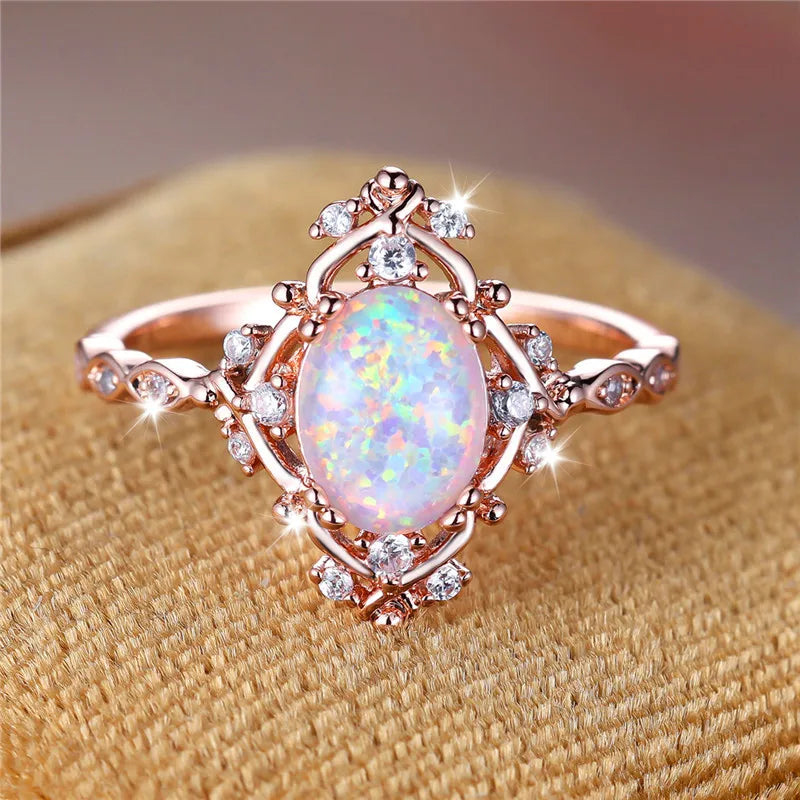 Luxury Female White Fire Opal Stone Engagement Ring Trendy Rose Gold Color Bride Wedding Jewelry Gift For Women