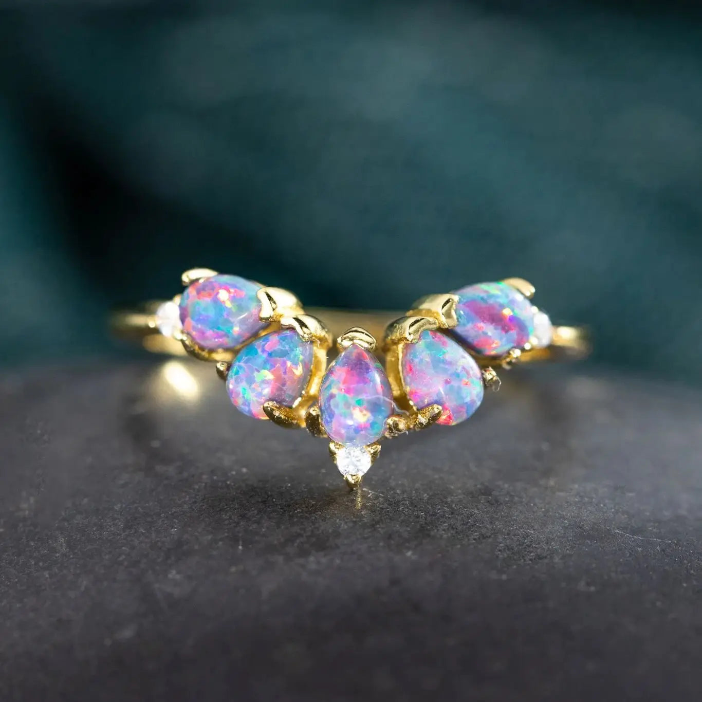Curved Opal & Diamond Wedding Band with Natural Gemstone