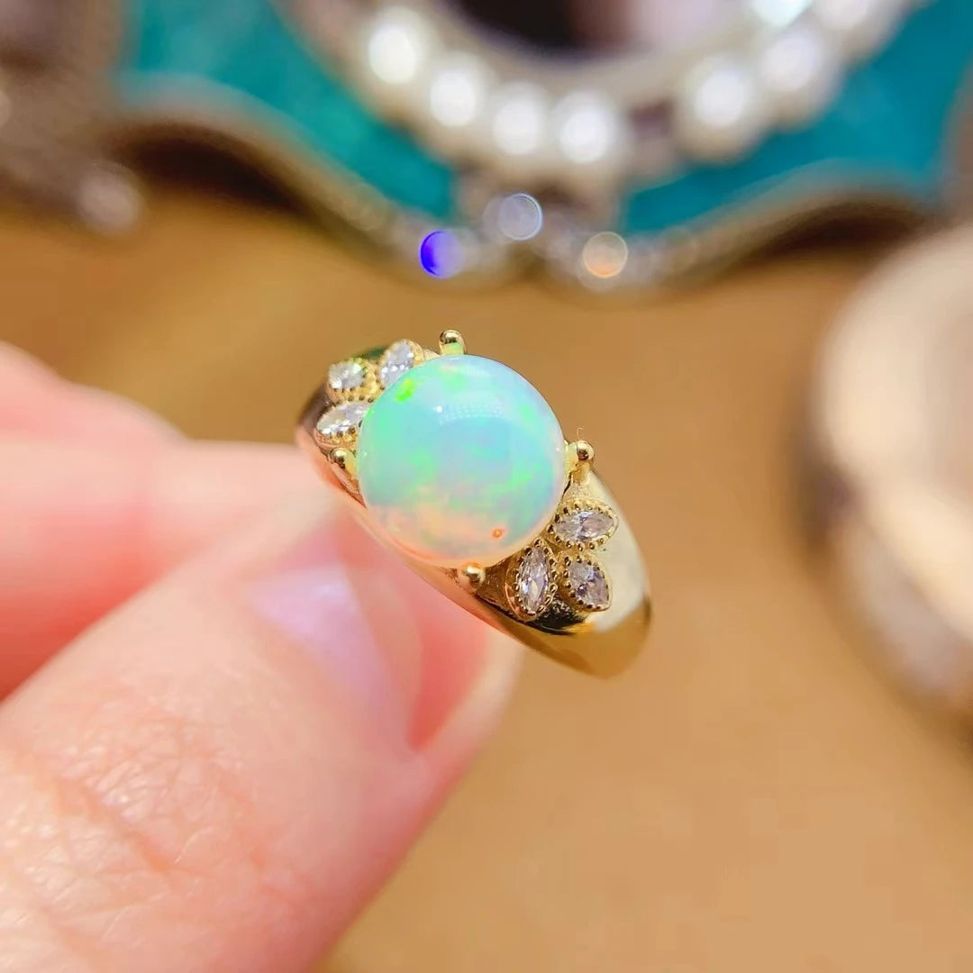 Luxury Australian Opal Ring 9mm 2ct Natural Opal 925 Silver Ring with 18K Gold Filled