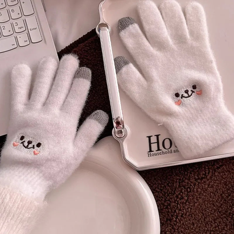 Women's Gloves Autumn Winter Cute Smile Gloves Five Fingers Solid Color Resistant Touch Screen Cotton Gloves Fashion Comfortable