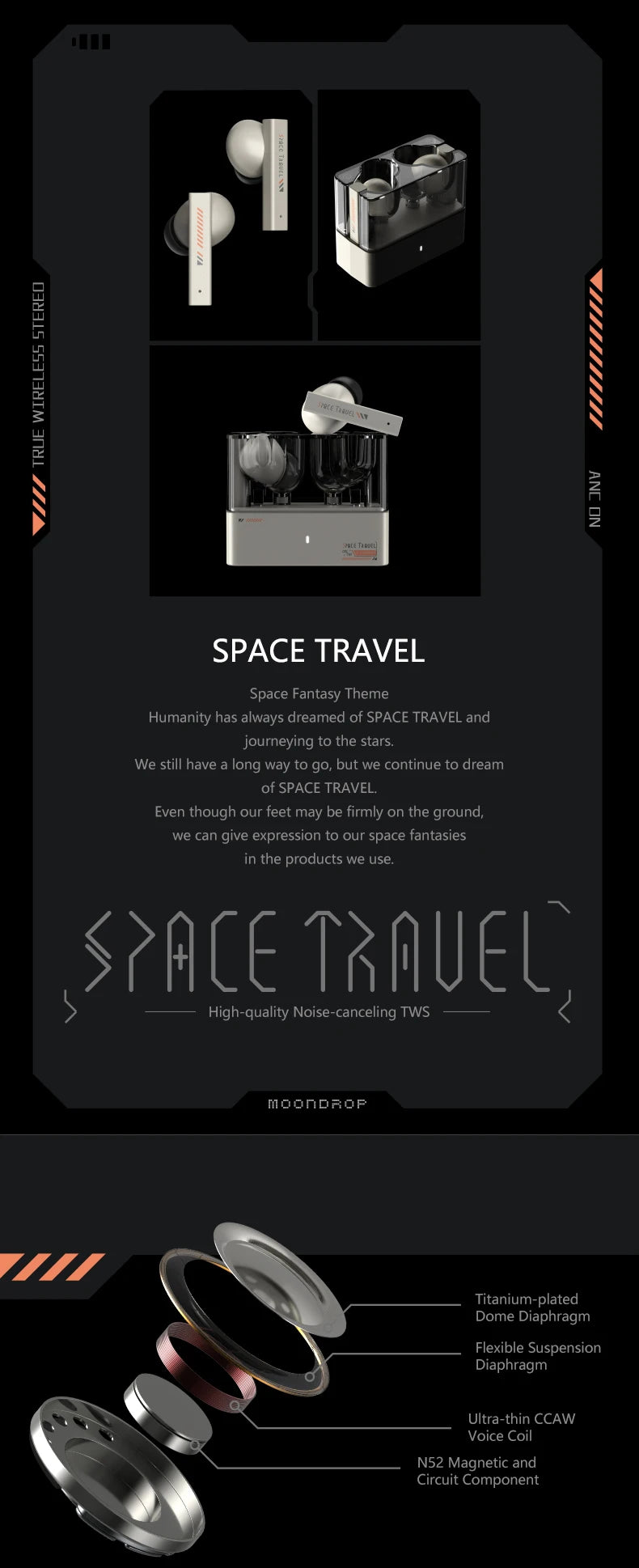 Moondrop Space Travel Bluetooth 5.3 Headphone Wireless TWS Noise Canceling Earphones 13mm Enhanced Dynamic Driver Music Headset