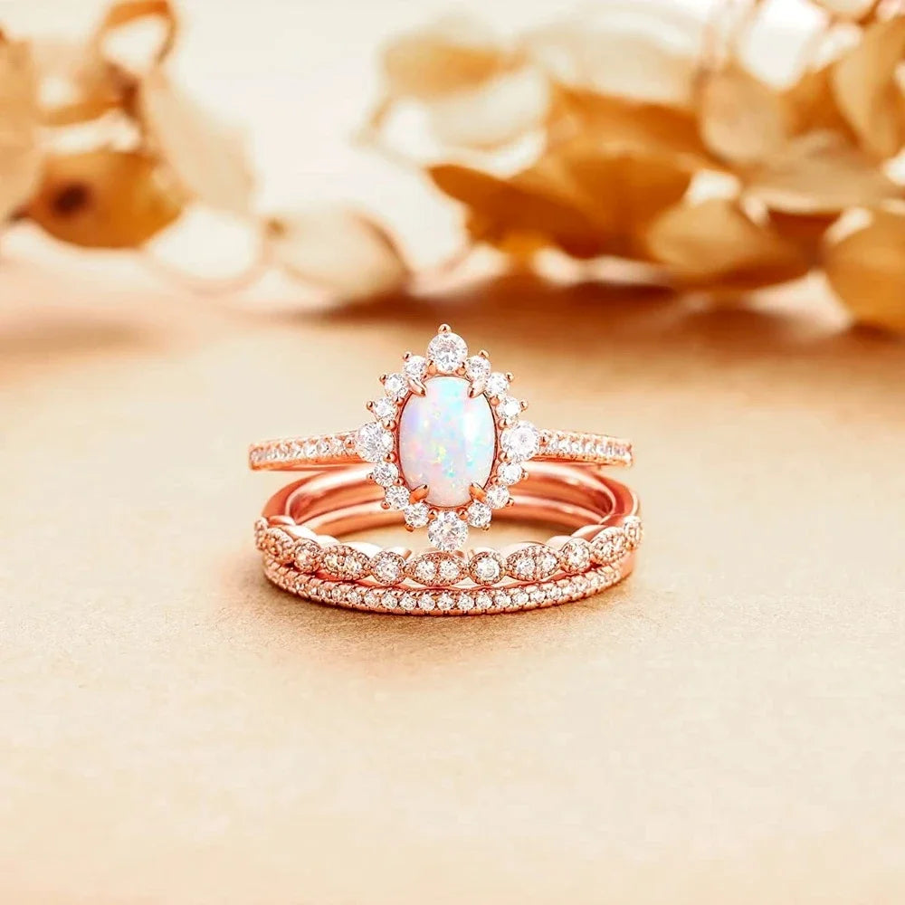 Trumium 3Pcs Rose Gold Color Stackable Rings 1.5CT Oval Bridal Ring Sets Opal Knuckle Ring Engagement CZ Wedding Band for Women