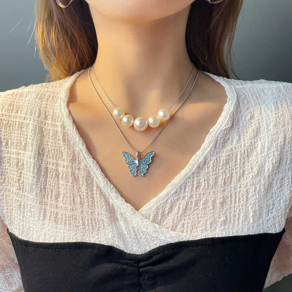 Fairytopia Mermaidia Enamel Butterfly Necklace For Women Thai Pop Imitation Pearl Necklace Multilayer Jewelry