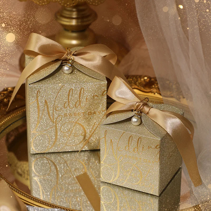 New Wedding Candy Box With Pearl Ribbon Bow High-End Gift Chocolate Box High Quality Glitter Powder Shell Gift Box