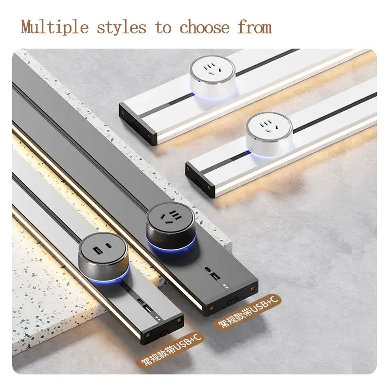 EU US Universal Home Room Movable Power Rail Sliding Track Socket With LED Human Body Induction Light Desktop Mobile Socket