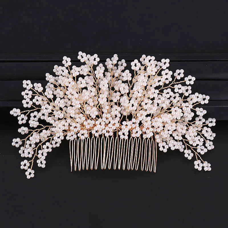 Pearl Flower Hair Comb European Style Tiaras Bride Headdress Pearl Girls Golden Crown Wedding Hair Accessories Party Jewelry