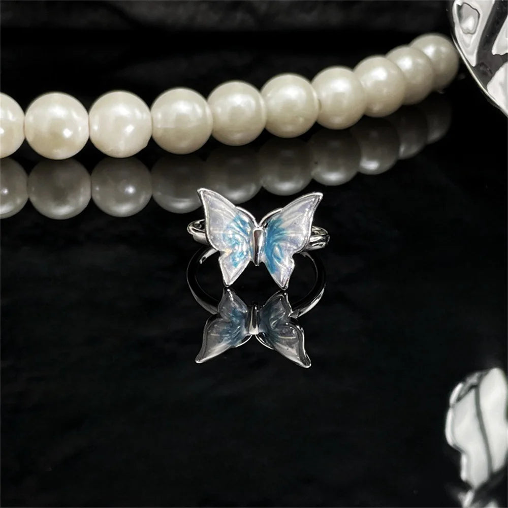 Exquisite Ice Blue Butterfly Open Ring, Fashionable Women's Simple Style Jewelry