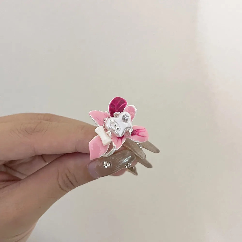 Sweet Drip Oil Flower Ring Butterfly Orchid White Iris Flower Enamel Finger Ring Ins Style Trendy French Irregular Ring Women