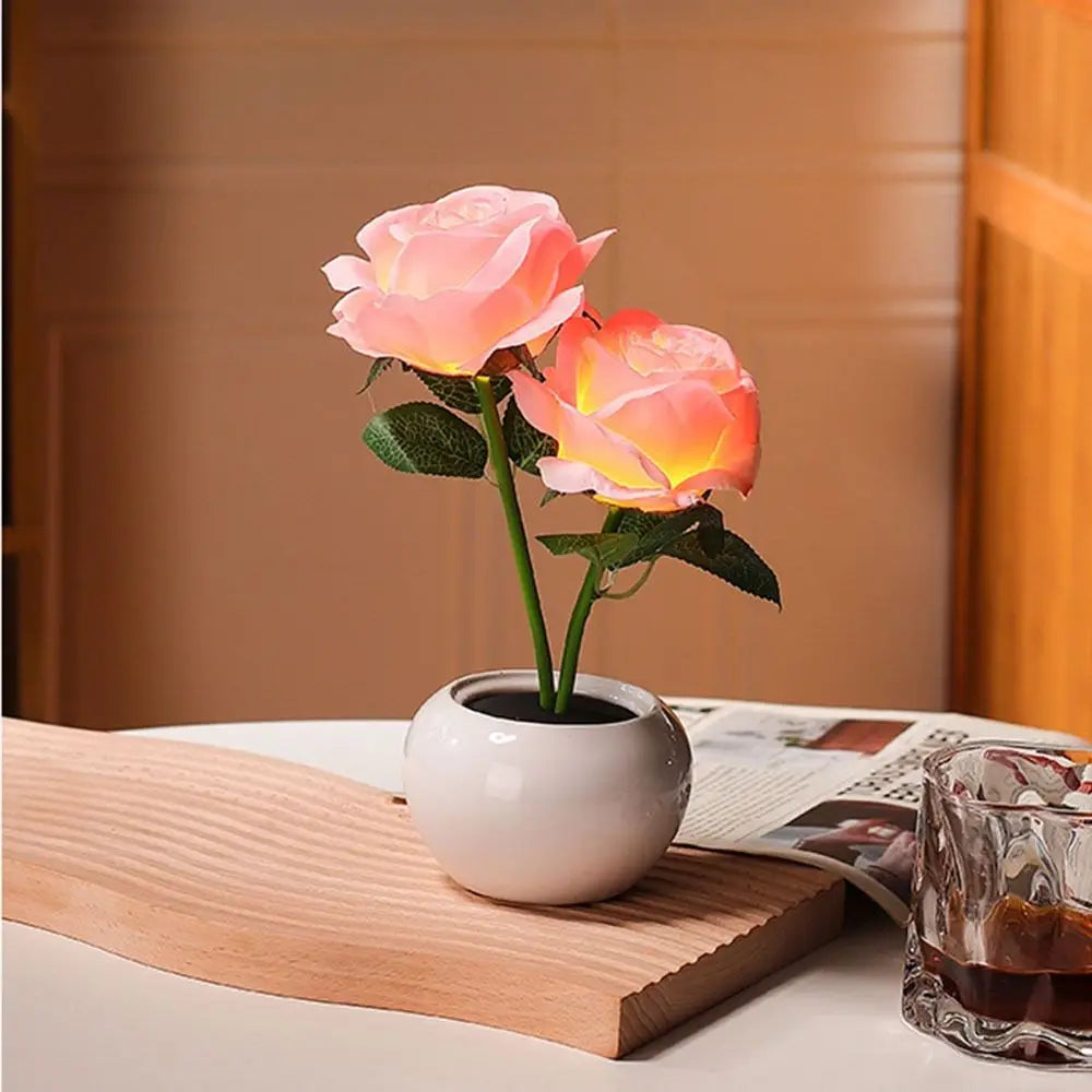 Ceramic Base LED Rose Table Lamp 2/3 Flowers Decorative Flower Bonsai Night Light Soft Light Exquisite Romantic Atmosphere Lamp