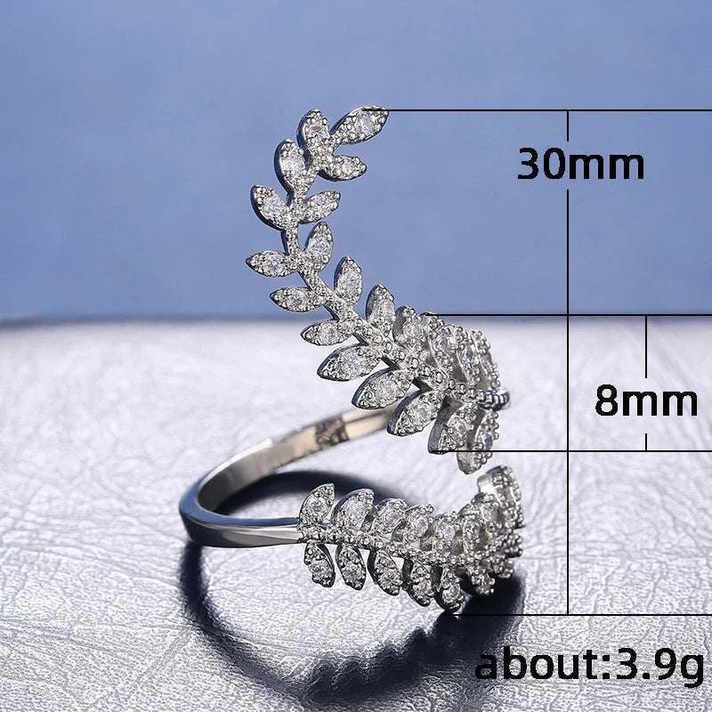 Graceful Leaves Both End of Open Ring Silver Color Girl Cocktail Party Rings Shine Crystal Zircon Fashion Women Jewelry