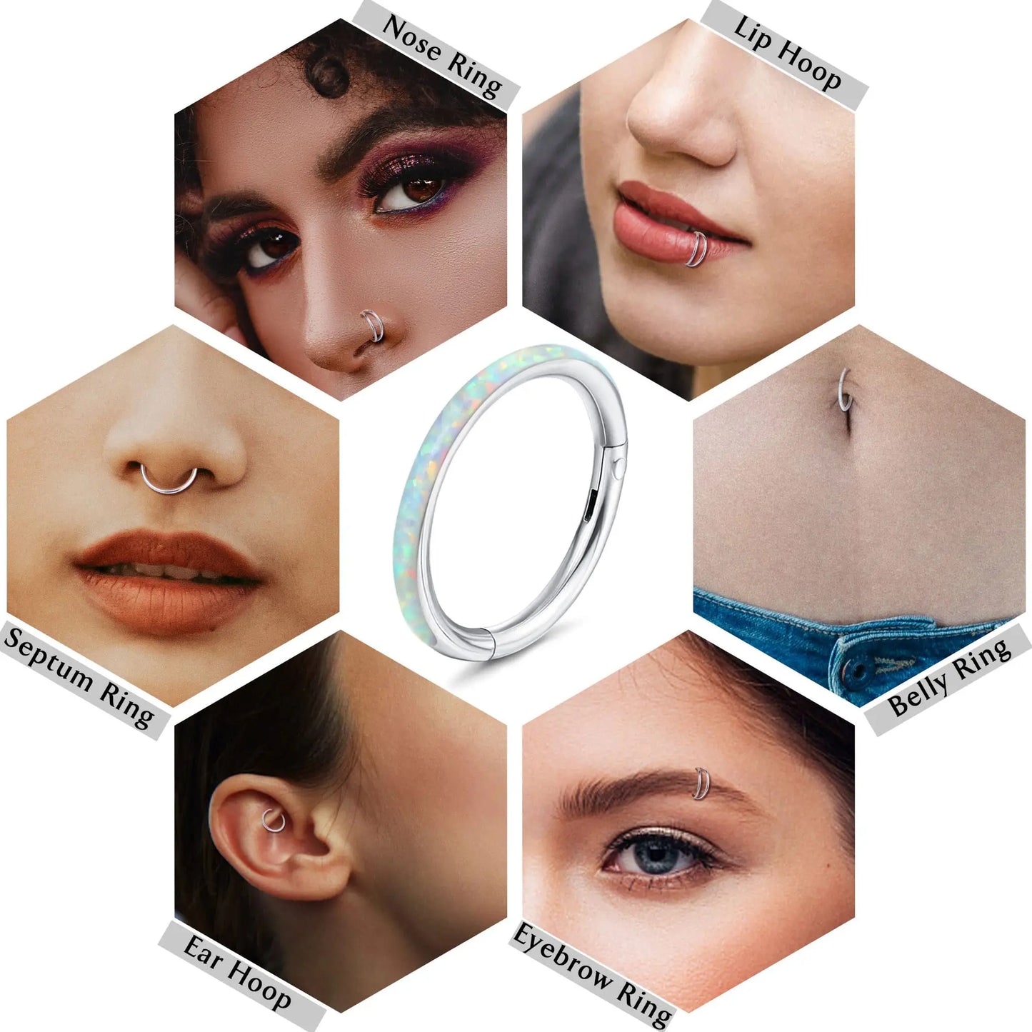 Opal Hinged Nose Ring Hoop Women Septum Hoop Ring Tragus Rook Ring Piercing Jewelry Lip Labret Ring Clicker Cartilage Earrings