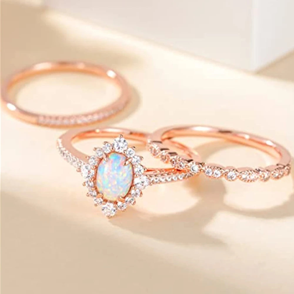 Trumium 3Pcs Rose Gold Color Stackable Rings 1.5CT Oval Bridal Ring Sets Opal Knuckle Ring Engagement CZ Wedding Band for Women